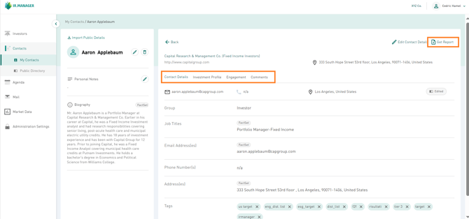 Find the differents tabs in the contacts profile