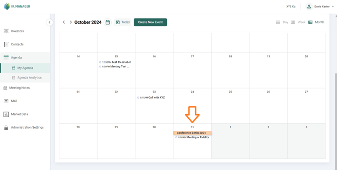 Agenda view in IR.Manager showing an example of a Single Activity scheduled for October 31st alongside a Multi-Event