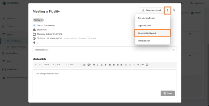 Options menu opened from a Single Activity titled “Meeting w Fidelity,” showing the option “Attach to Multi-event”
