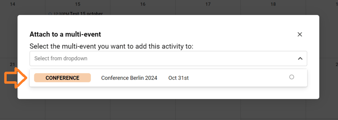 Dropdown menu inside the popup showing available Multi-Events from the same time period as the selected Activity