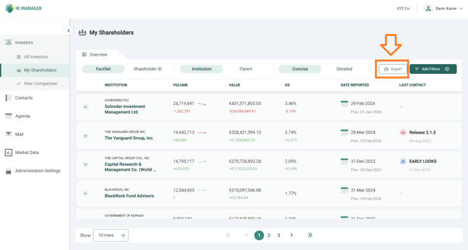 Click on the "Export" button in the top-right corner next to the filter to begin the export process for My Shareholders data