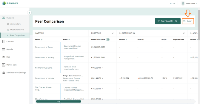 Export Peer Comparison data by clicking the "Export" button to download the Excel file