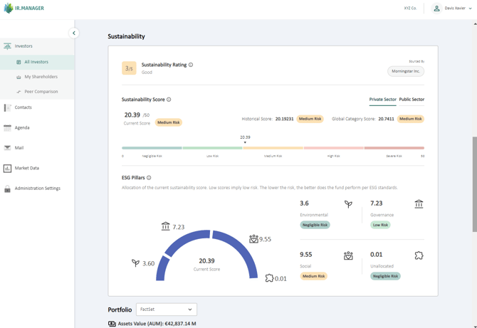 View of the Sustainability section displaying ESG data from Morningstar in a selected fund profile