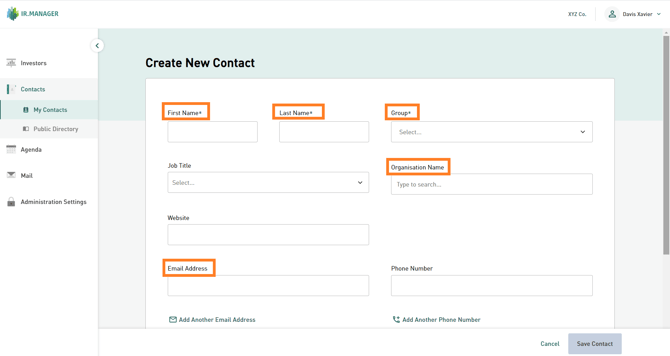 Fill in contact details to create a new contact