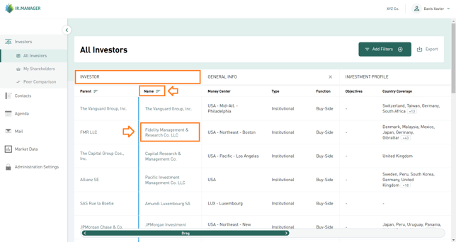 Click on the investor name, such as “Fidelity”, in the “All Investors” list to open their Organization Profile