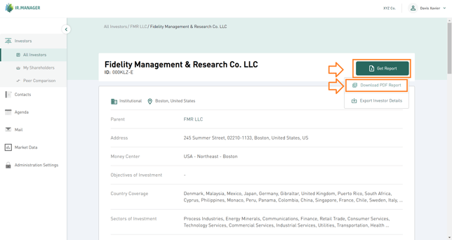 In the investor profile, click “Get Report” and then “Download PDF Report” to generate the Organization Profile