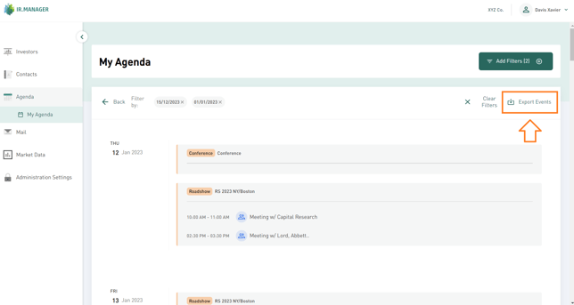 Click on “Export Events” in the top-right corner to export the meeting data into an Excel file
