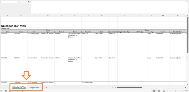 View the two tabs in the Excel export: “Calendar 360° View” for detailed meetings and “Simple View” for a concise overview