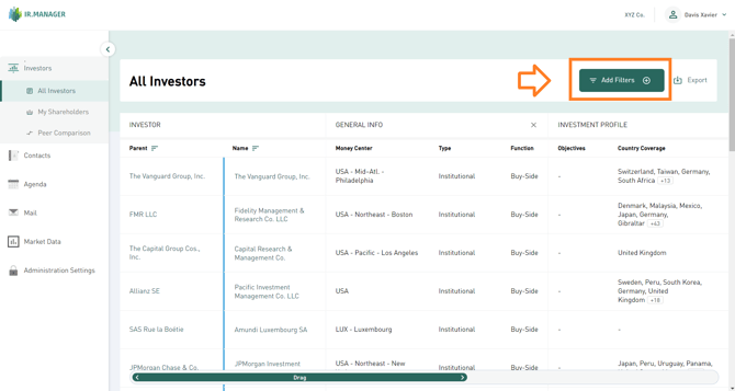 Add filters in all investors in IRM