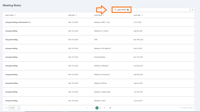 Search results showing all Meeting Notes containing the keyword "Good meeting"
