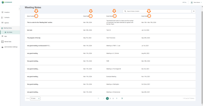 Sort IRM Meeting Notes by Content, Date, Event Name, or Event Date using the ascending or descending arrow icons in the column titles