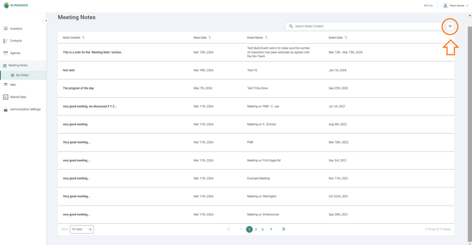 Click on the filter button to filter Meeting Notes by Meeting Participant and/or Event Date