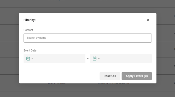 The filter popup window allows you to enter a Contact name and/or select an Event Date or Time Period