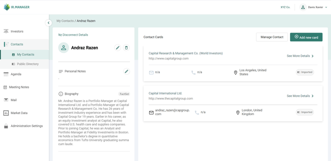 The Contact profile shows two Contact Cards for two different companies