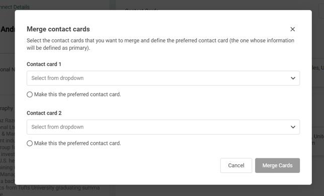 The "Merge Contact Cards" popup window showing options to select Contact Card 1 and Contact Card 2, and choose the preferred Contact Card