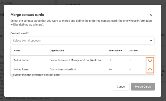 The drop-down menu for selecting Contact Card 1 in the "Merge Contact Cards" popup window
