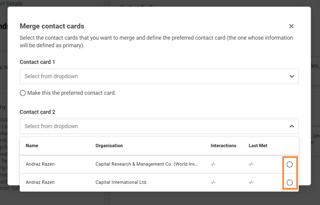 The drop-down menu for selecting Contact Card 2 in the "Merge Contact Cards" popup window