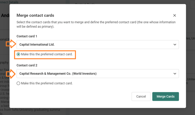 The "Make this the preferred Contact Card" option in the "Merge Contact Cards" popup window for selecting the primary Contact Card