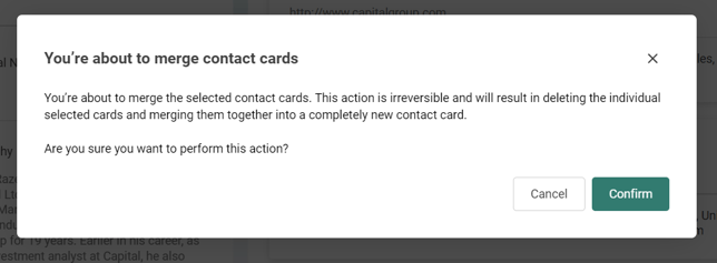 An alert message confirming the merge action, requiring confirmation due to its irreversible nature