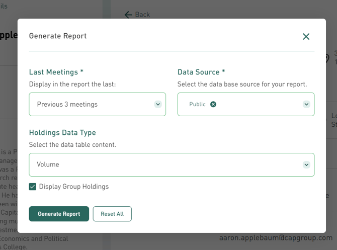 Customize your Briefing Note options, such as Last Meetings, Data Source, Holdings Data Type, and Display Group Holdings, then click “Generate Report”