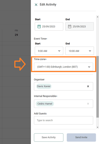 Select the correct time zone for your event when recording a meeting in the Agenda
