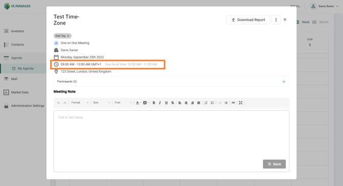 The IRM Agenda automatically adjusts and converts the meeting times based on the selected time zone