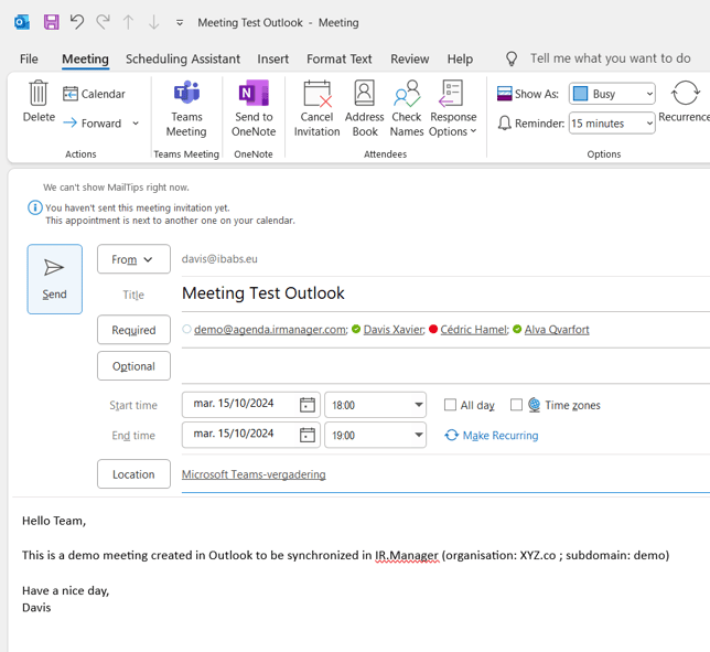 The "Add Participant" section in an Outlook event window showing the IR.Manager Agenda email address added to allow synchronization between both calendars