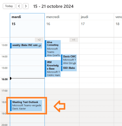 The Outlook calendar displaying the "Meeting Test Outlook" event scheduled for Monday October 15th, 2024, from 18:00 to 19:00