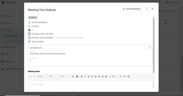 The popup meeting window in IR.Manager displaying all information from the Outlook event, such as meeting time, participants, and subject