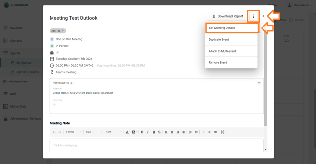 The option button in the top-right corner of the meeting window in IR.Manager, allowing users to edit meeting details