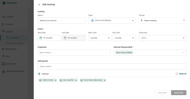 The Meeting details screen in IR.Manager showing the sender of the Outlook invitation listed as the Internal Responsible