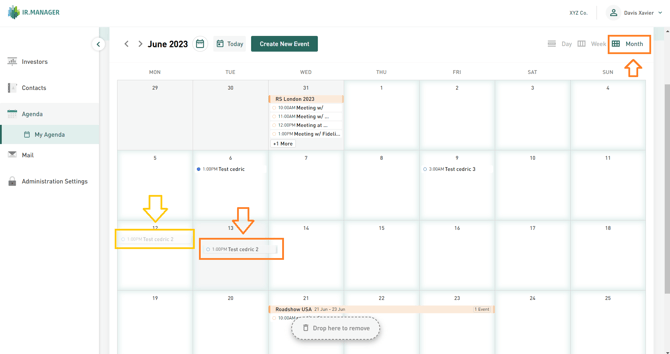 Drag and drop a meeting to a different day in the calendar agenda to change its date