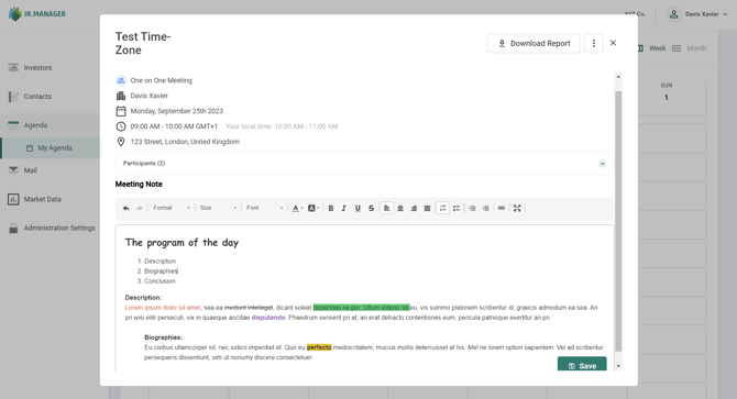 Use the Text Editor in the Meeting Notes section to customize font size, style, alignment, and other formatting options